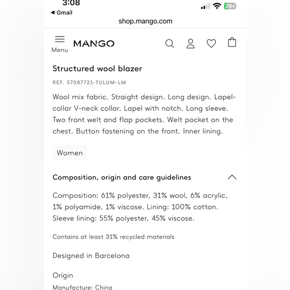 Mango structured wool blazer NWOT - Picture 3 of 7